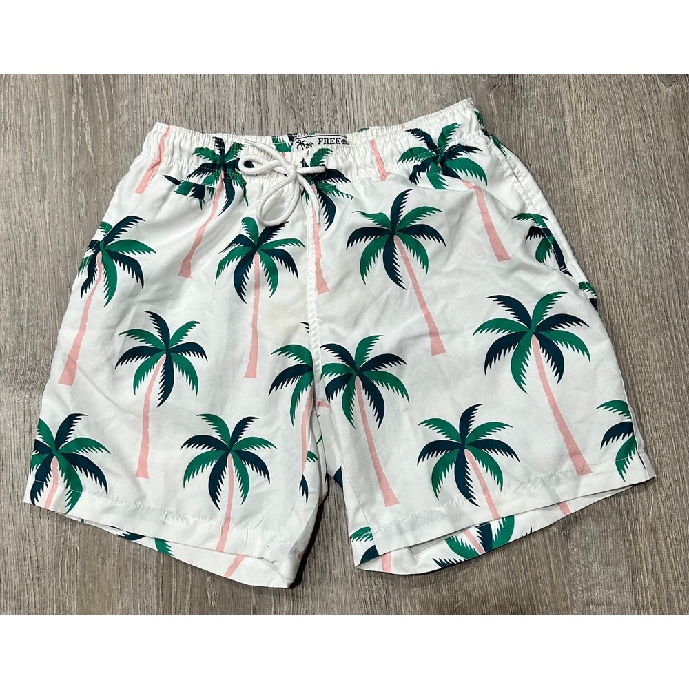 FREE PLANET Swim Shorts Men's Medium White PalmTrees Tropical Swim Trunk Short